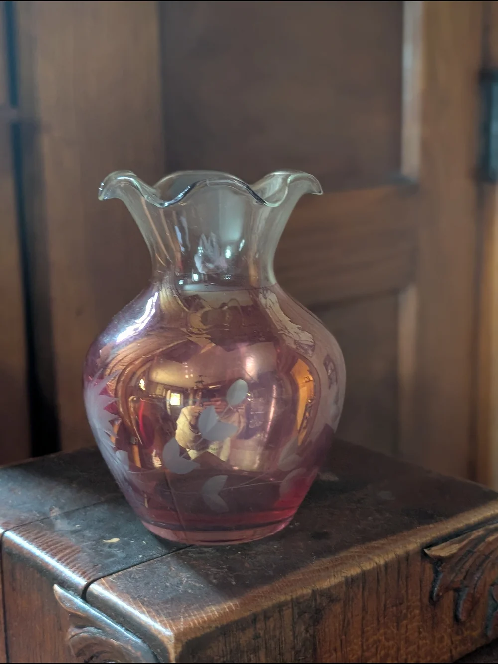 Vintage Pink Iridescent Glass Vase with Etched Floral Design Ruffle Cranberry